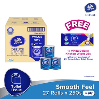 Image of Vinda Deluxe Smooth Feel Toilet Tissue 3 Ply (27 Rolls) [Free Kitchen Wipes 26's]