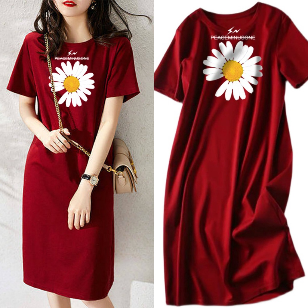 Summer Loose Daisy Letter Print T-Shirt Dress Women's Student Korean Mid-Length Fairy Dresses