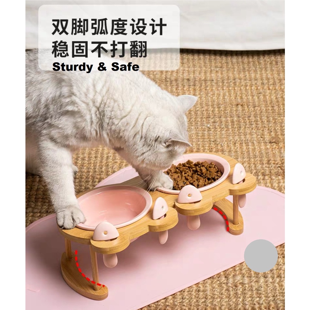 Candy Elevated Cat Feeding Bowl, Double Bowl Set, Ceramic Bowl Wooden