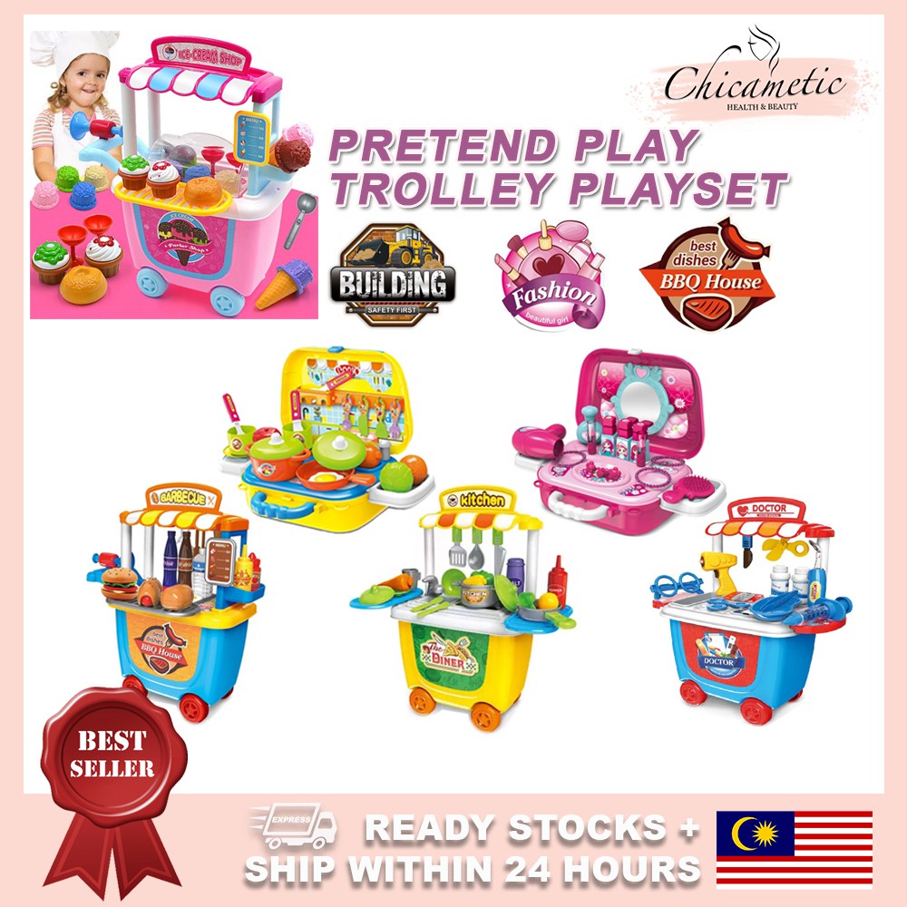 Pretend Play Kid Toys Montessori Trolley Playset Toy Kit Kitchen Makeup Doctor BBQ Play Mainan Budak