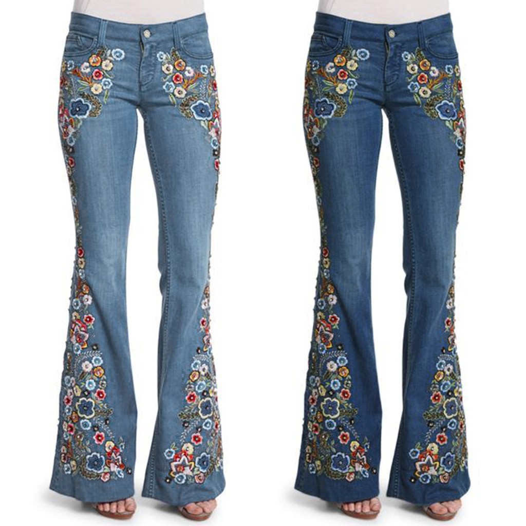 Women Embroidery Flowers Destoryed Flare Jeans Button Waist Bell Bottom Denim Pants New Trousers Shopee Malaysia