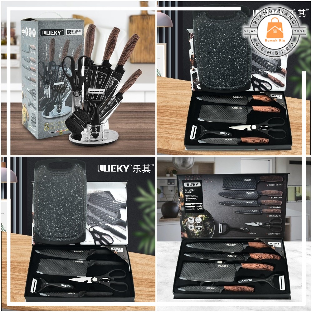 6 In 1 Lucky Knife Set Cleaver Chef Knife Bread Sashimi Knife Utilities Knife Peeling Knife Scissors Pisau Dapur Gunting