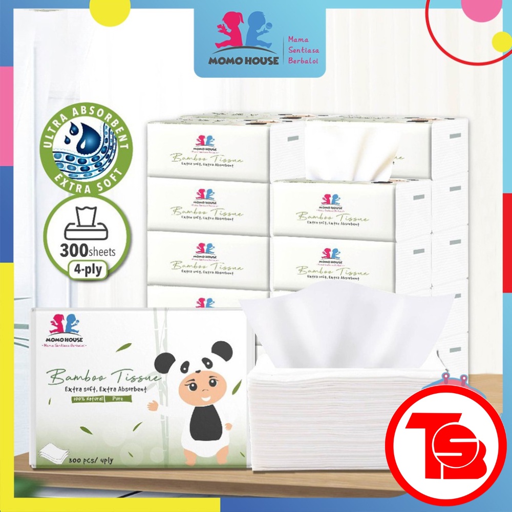 Momo House Bamboo Tissue Soft Facial Tisu Paper 75 Pulls x 4 Ply = 300 pcs Per Pack