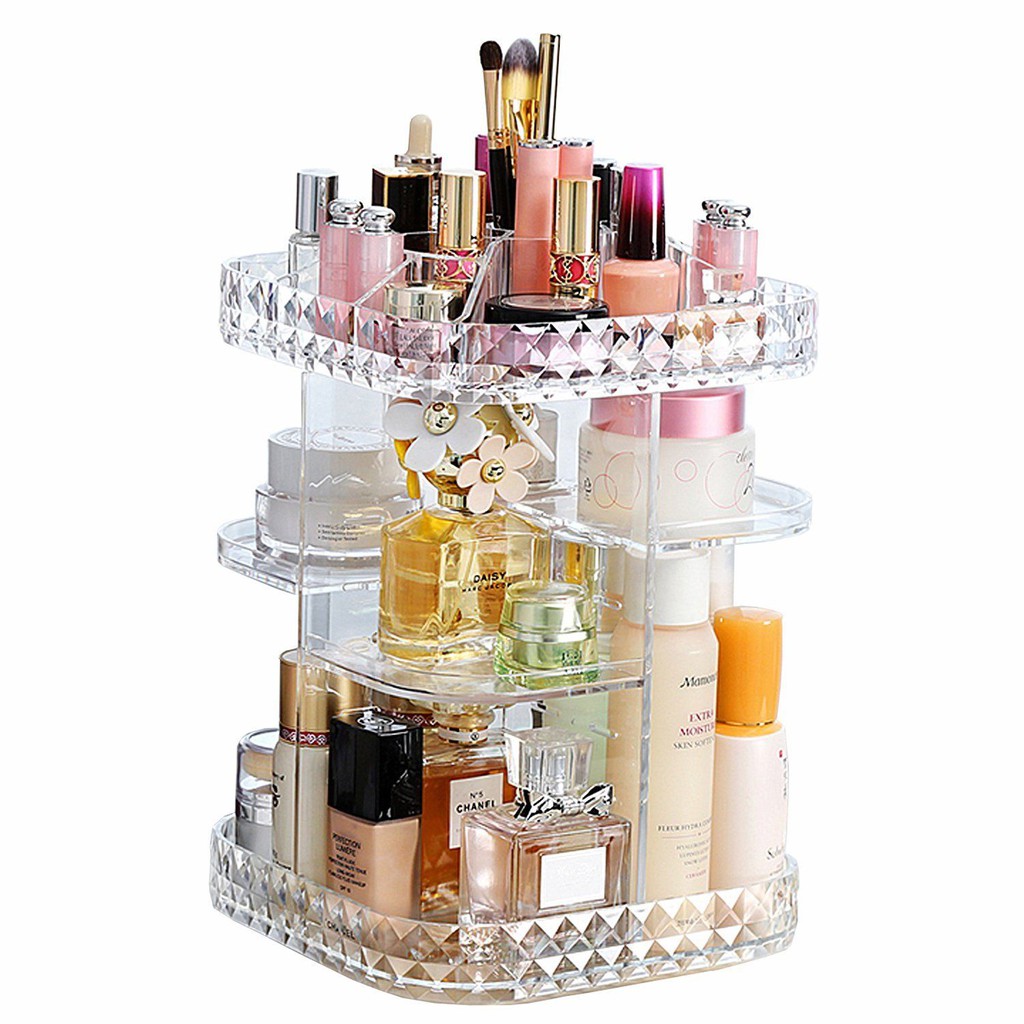Makeup Organizer 360Degree Rotating Square Makeup Shelf with Diamond