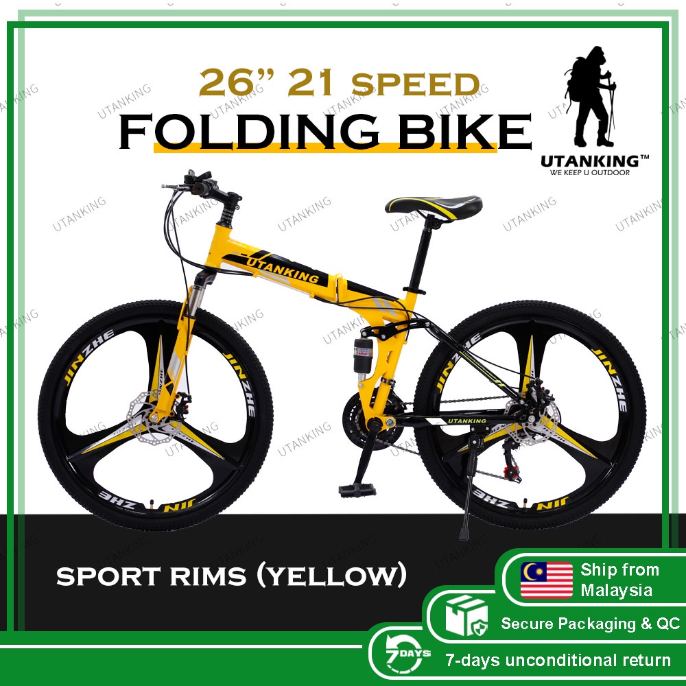 26-Inch 21-Speed Three-Wheel Foldable Mountain Bike,Portable Bicycle for Outdoor Sports,Bicycle with Shock-Absorbing Front Fork 