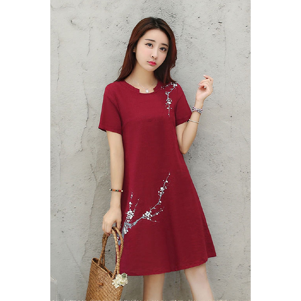 New women short sleeve dress skirt plum blossom pattern dress women large size loose casual A-shaped skirt