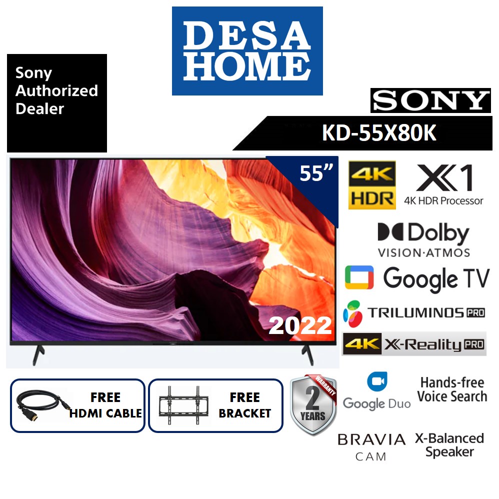 Sony Led 4K UHD HDR Smart Tv (55") [Free HDMI Cable & Bracket] KD55X80K / X80K 