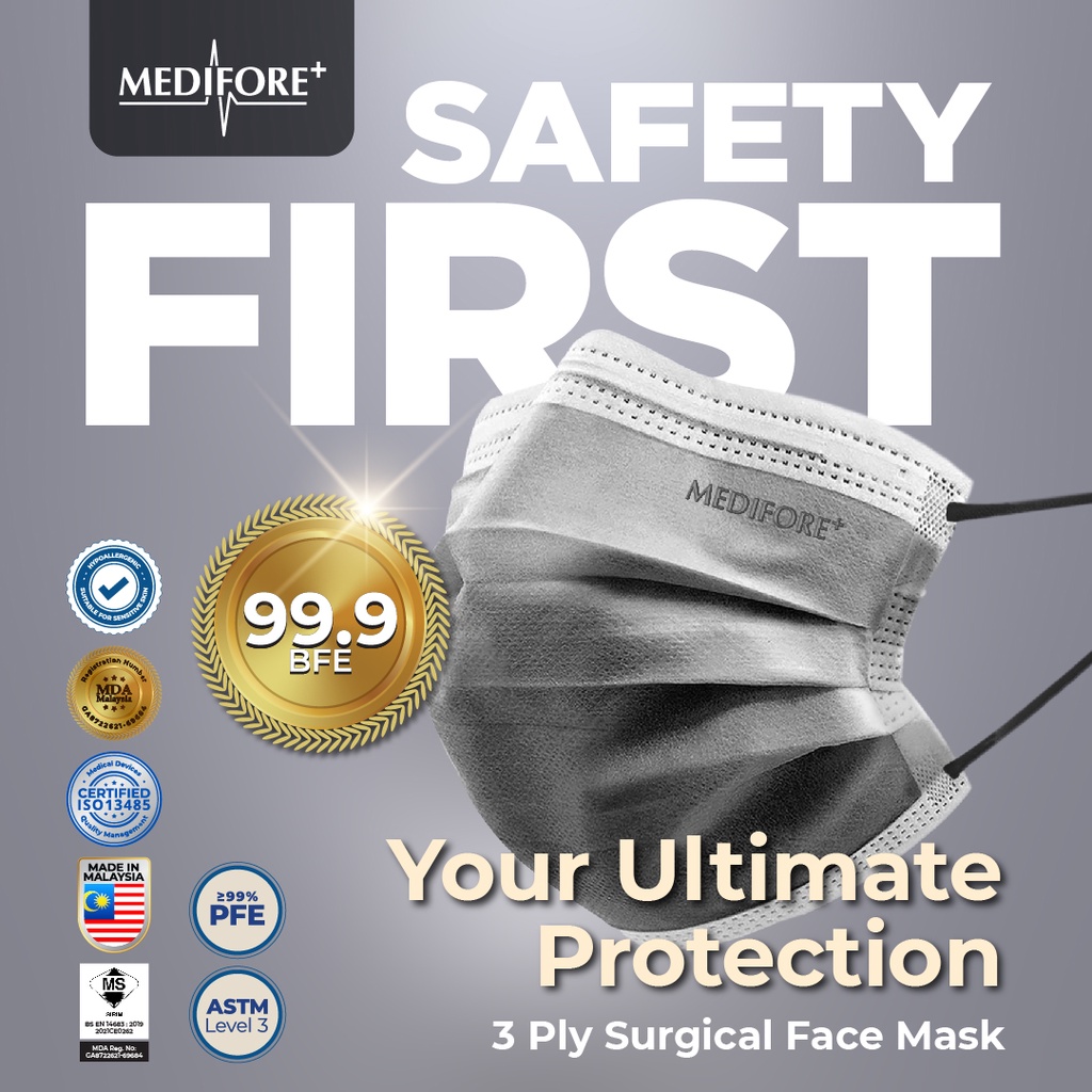 MEDIFORE 3 Ply Surgical Face Masks Dark Grey (A) Shopee Malaysia