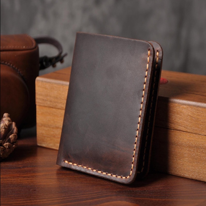 Handmade Vintage Crazy Horse Genuine Leather Men Wallet Women Purse Leather Male Money Clips short Bifold Card Wallets Engraving Minimalist Coffee Black Brown WF200-1 WF200-2