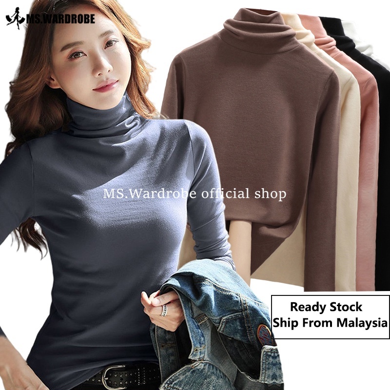 READY STOCK High Neck Women Long Sleeve Casual Solid Color Shirt Baju Inner Turtleneck Cotton Lengan Panjang