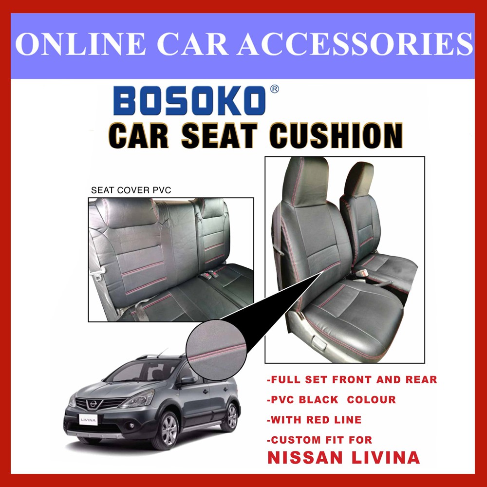 Nissan Livina - Custom Fit OEM Car Seat Cushion Cover PVC Black Colour Shining With Red Line (Made In Malaysia)