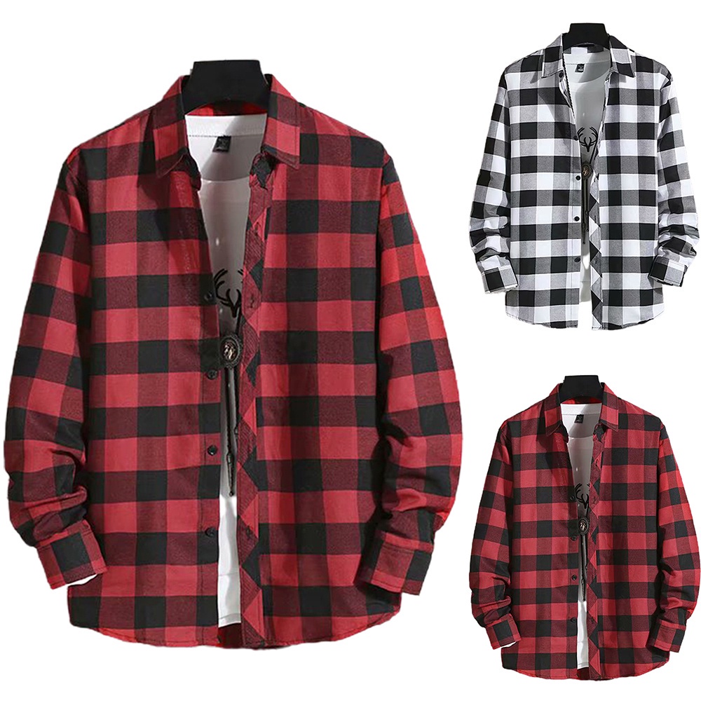 Baju Kotak-kotak Plaid Shirt New Fashion Personality Trend Long-sleeved Shirtkemeja Lelaki Oversized Shirt T33