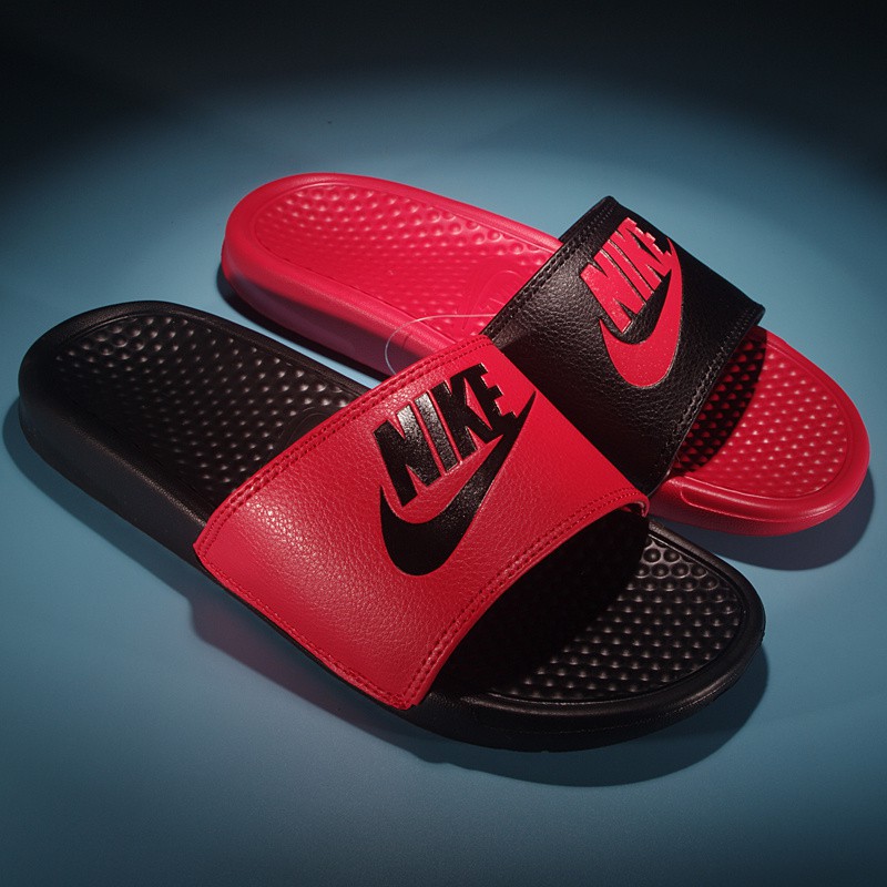 nike red and black slippers