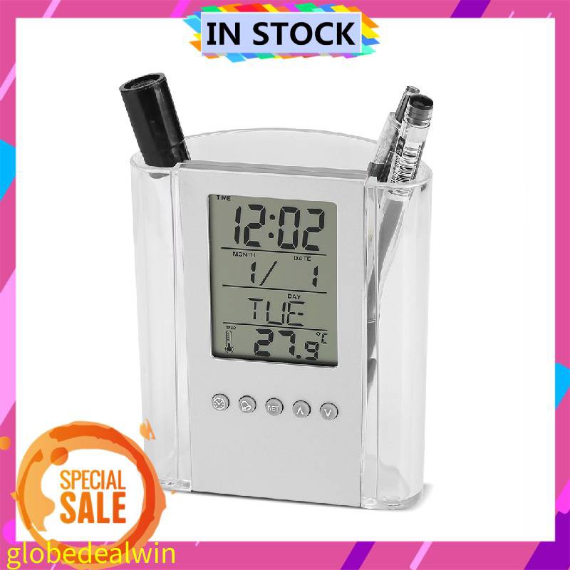 Ready Pen Pencil Holder Digital Desk Alarm Clock Calendar