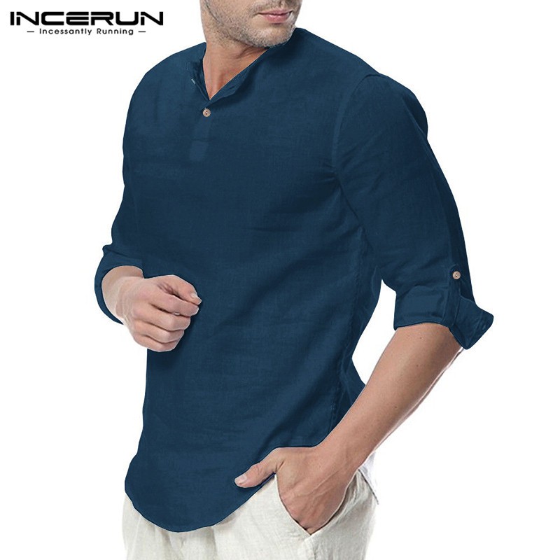 INCERUN Mens Casual V Neck Solid Color Long Sleeve Shirt | Shopee Malaysia