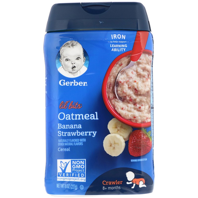 Gerber, Lil' Bits, Oatmeal Cereal, 8+ Months, Banana Strawberry, 8 oz ...