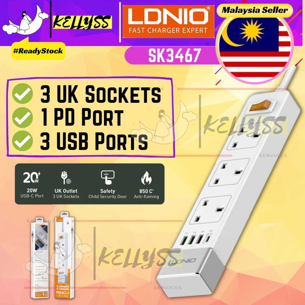 LDNIO SK3467 Extension Plug Power Socket Extantion Plug 3 Outllets PD