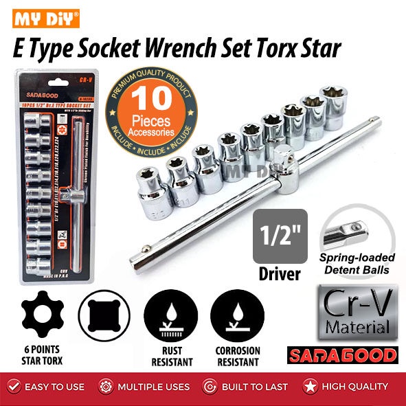 MYDIYHOMEDEPOT SADAGOOD Crv 10Pcs 1/2" E Box Socket Wrench Set E Torx