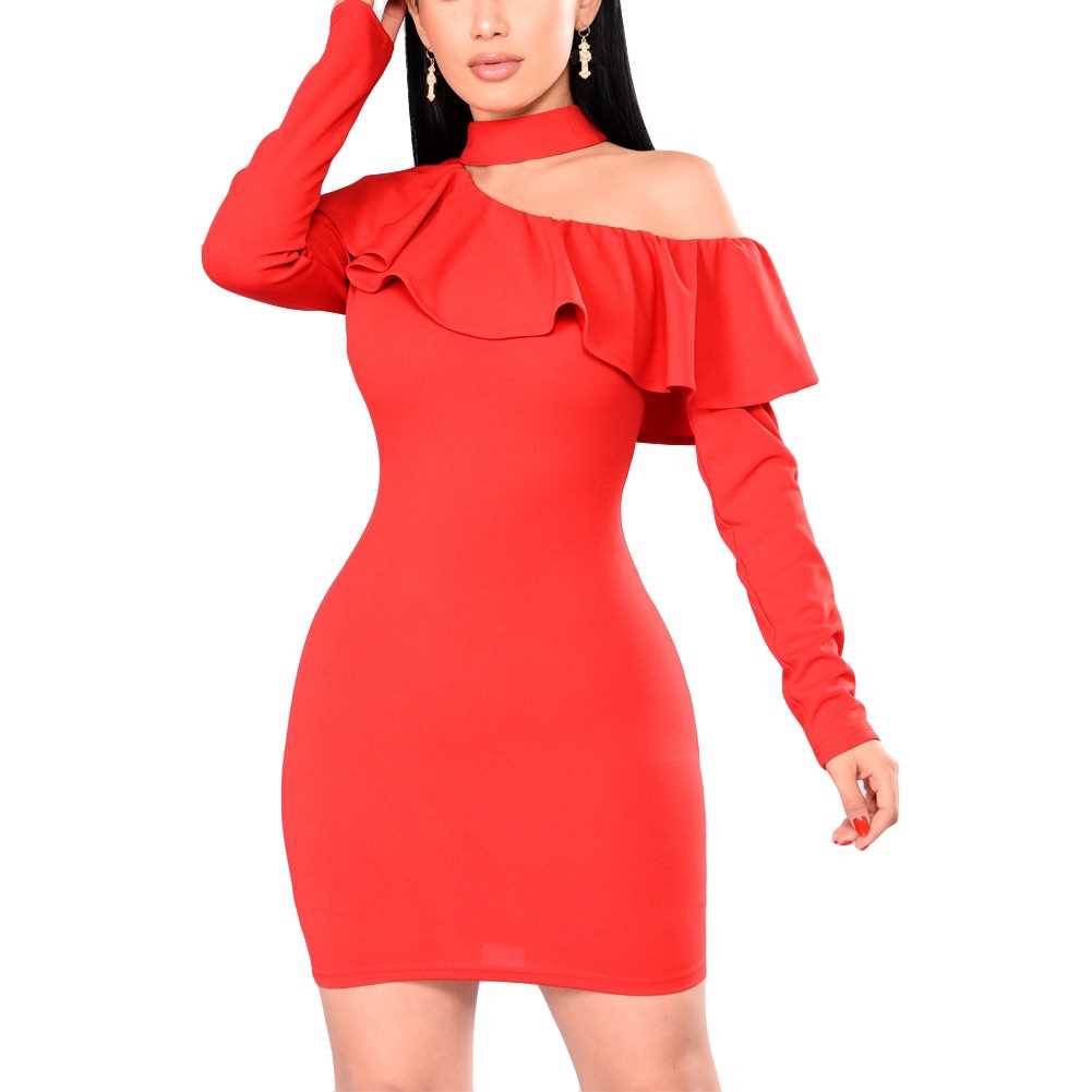 Sexy Women Bodycon Mini Dress Choker Neck Long Sleeves One Shoulder Ruffle Overlay Party Bandage 2091