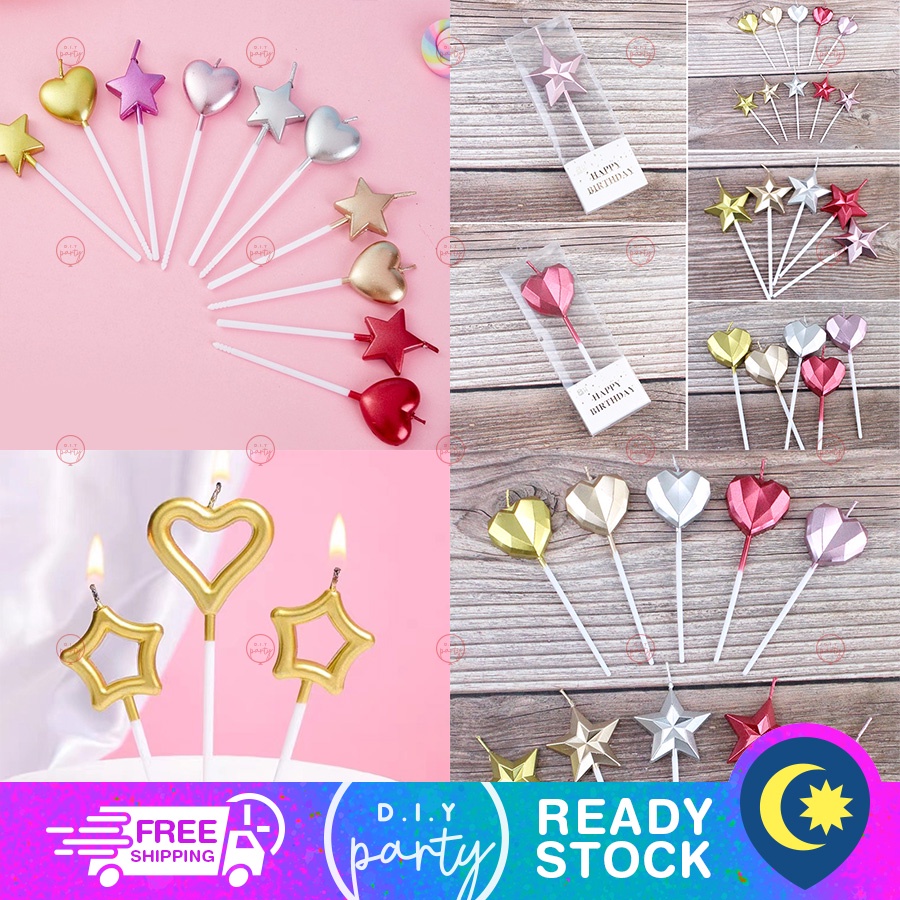 Valentine Candle Heart Star Love Wedding Birthday Cake Topper Gold Rose Silver Pink Blue Stick Pastel Rainbow Gradient