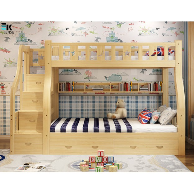 double deck bed with cabinet