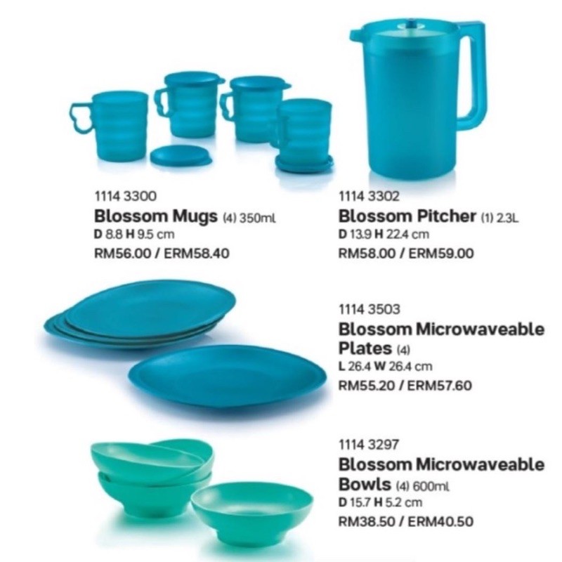READY STOCK Tupperware Blossom Set - Mugs/Pitcher/Plates/Bowls