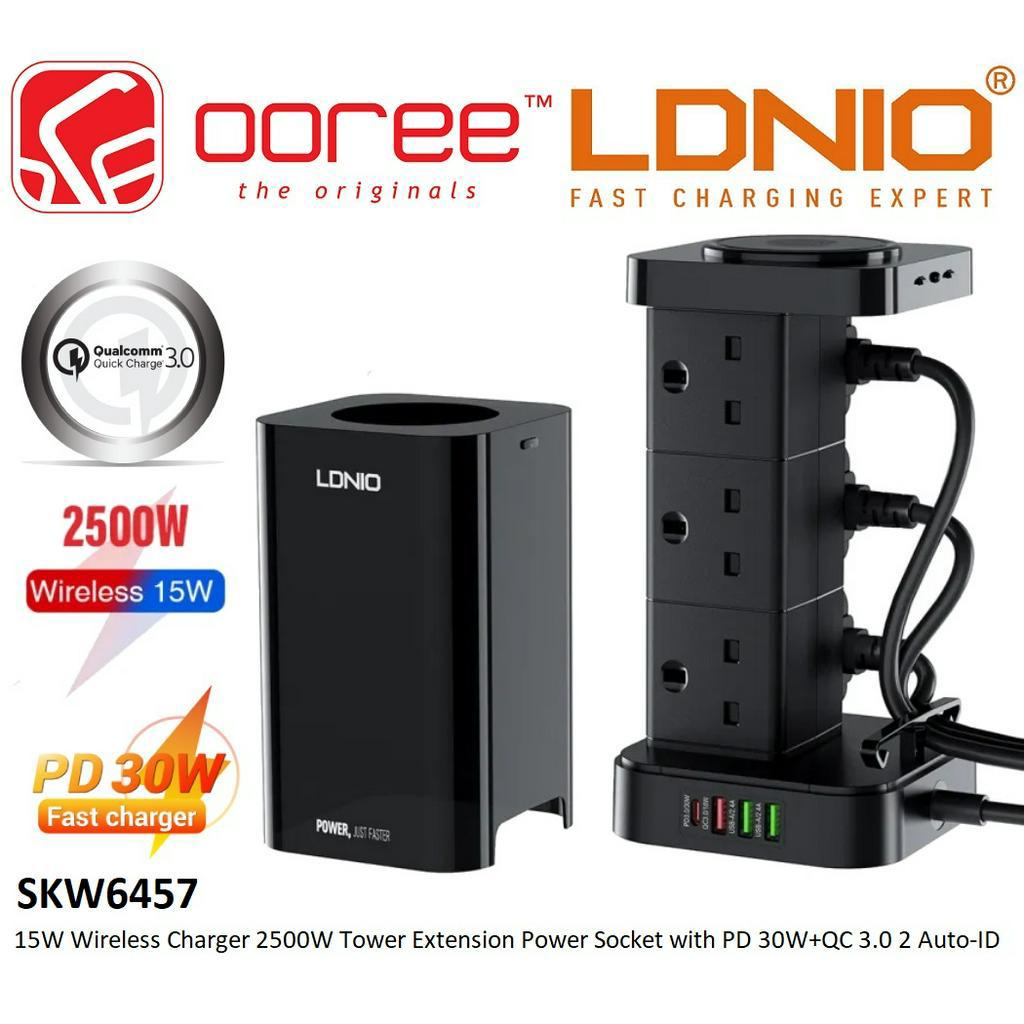 LDNIO SKW6457 (UK PLUG) 15W WIRELESS CHARGER 2500W TOWER EXTENSION POWER SOCKET WITH PD 30W+QC3.0 1 AUTO ID TIMER SWITCH