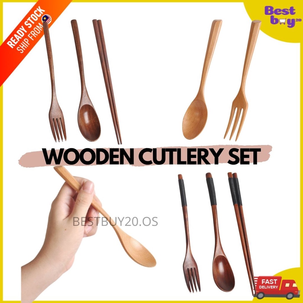 Wooden Spoon Fork Chopstick Set Mukbang Spoon Set Wooden Cutlery Wooden Spoon Set Sudu Kayu Bamboo Spoon 木汤匙木叉子木筷子木餐具