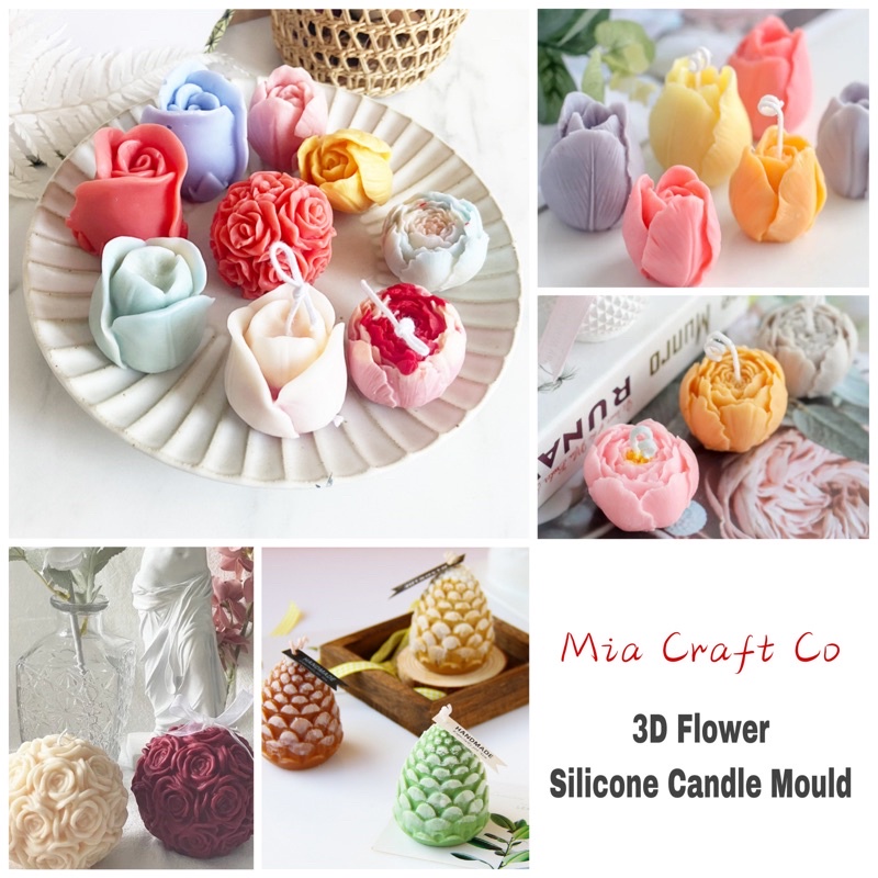 Ready StockDIY 3D Flower Silicone Candle Mold Tulip Handmade Scented Candle Mold Rose Mold Plaster Mold 玫瑰 郁金香 松果 蜡烛模具