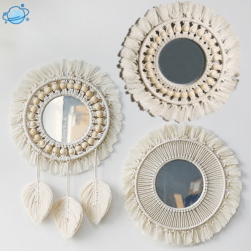 Wall Hanging Mirror Macrame Tapestry Boho Natural Apartment Bedroom Home Decor Round Hanging Wall Mirror Mirror Nordic Wall Hanging Mirror Decorative MM