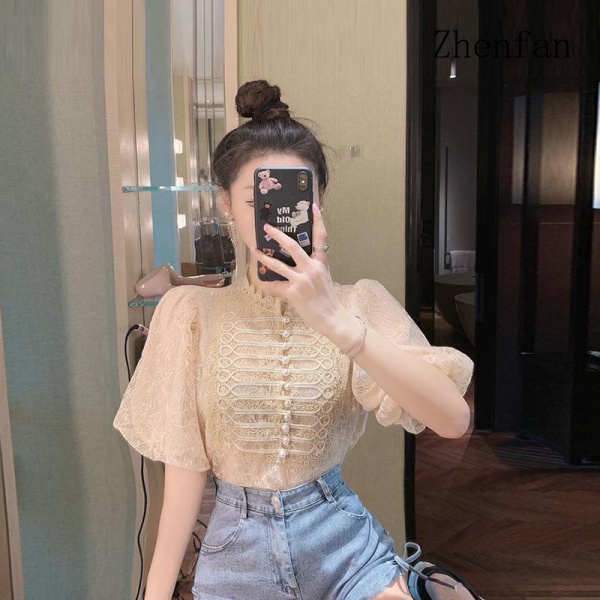 Design sense puff sleeve lace shirt women's summer 2021 new niche design sense shirt top women's short sleeves