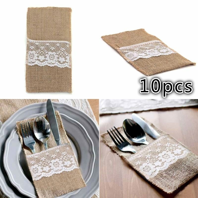 10pcs Burlap Lace Cutlery Pouch Wedding Tableware Party Decoration