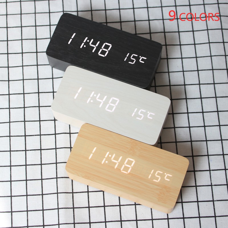 Digital Alarm Clock LED Wood Voice Control Table Clocks Display Desktop ...