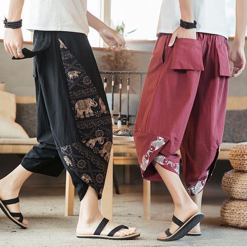 Chinese Style Men's Cotton hemp Thai elephant beach pants Harlan wide leg lantern 中国风男装棉麻泰国大象沙滩裤哈伦阔腿灯笼裤97九七分裤男潮shengjin168.my 1119