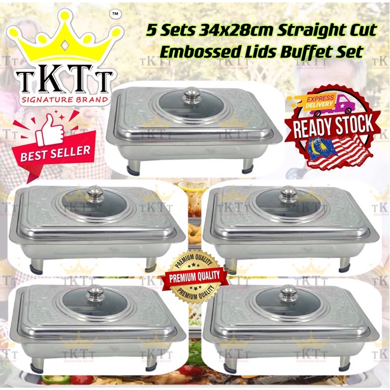 2.TKTT ™️ 5 Set 34x28 Embossed Lid Stainless Steel Buffet Set Catering Serving Tray Food Pan Bekas Lauk Katering Serbagu