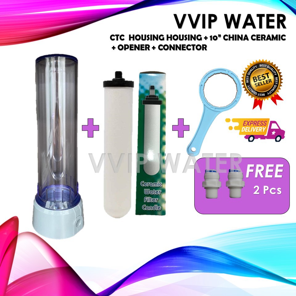 CTC 3000 Super Slim CTC Ceramic Water Filter Housing * MADE IN TAIWAN * + 10" Std Ceramic + Connector + Opener