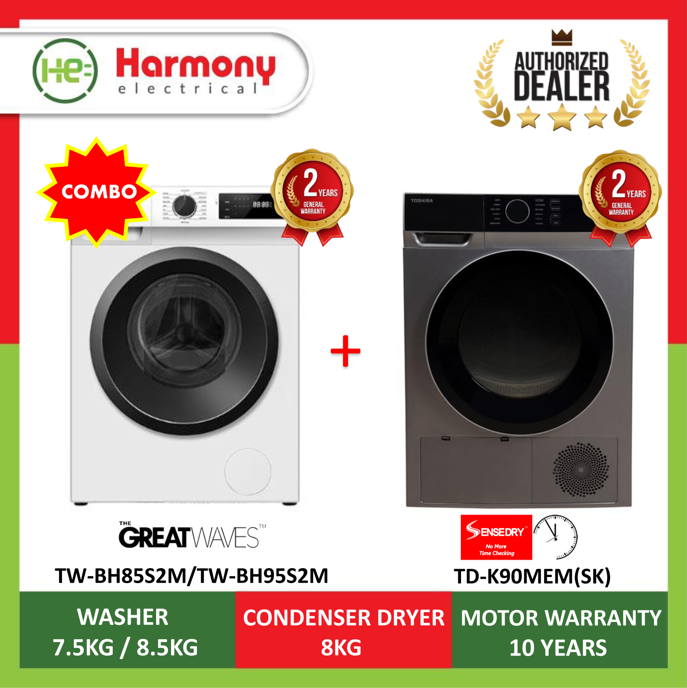 Combo Toshiba 7 5kg Front Load Washer Tw Bh85s2m Toshiba 8 0kg Condenser Dryer Td K90mem Sk Free Stacking Kit