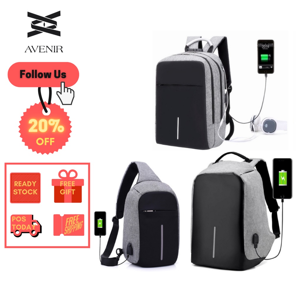 AntiTheft USB Charging Hidden Zipper/Lockable Backpack/SlingBag