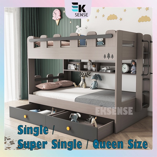 EKSENSE Simple Modern Kids Double Decker Bed Wood Bunk Bed Frame Space ...