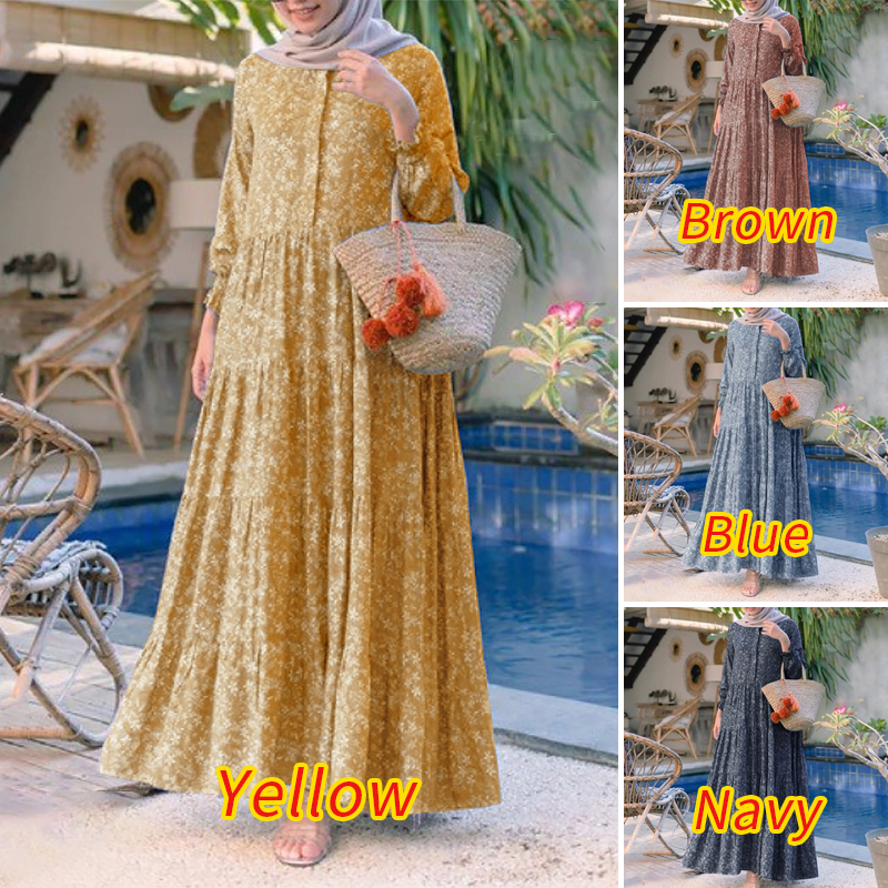 ZANZEA Women Casual Long Sleeve Printed Tiered Muslim Long Dress #3