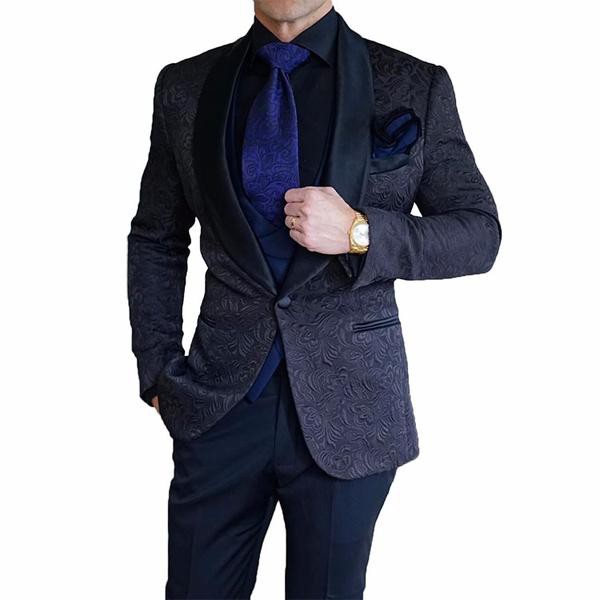British Style Black Men/'s Suit Double Breasted Jacquard Paisley Wedding Grooms