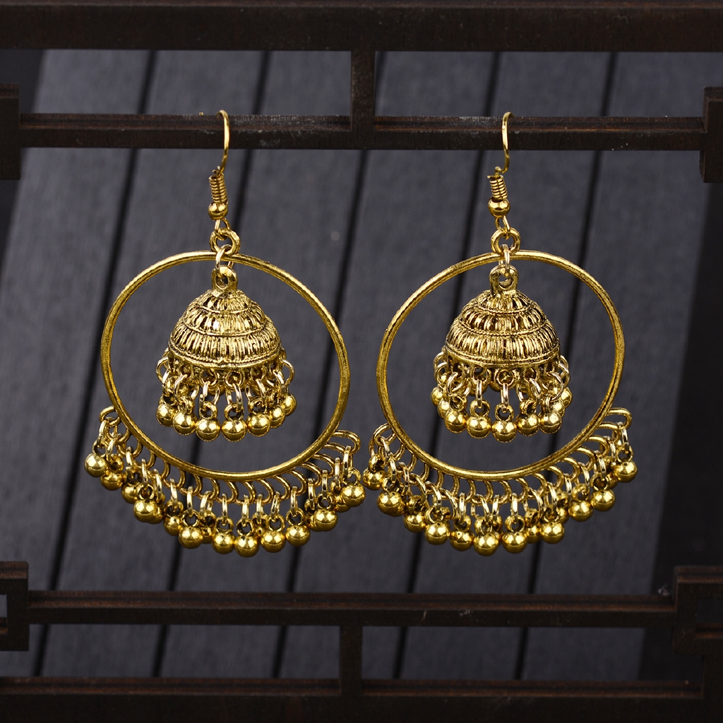 Round Turkish Vintage Jhumka Earrings Women's Silver Gold Bells Drop