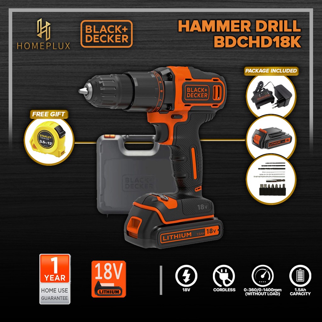 BLACK & DECKER BDCHD18K 18V Lithium Ion Cordless Hammer Drill With Case (BDCHD18KB1) Shopee