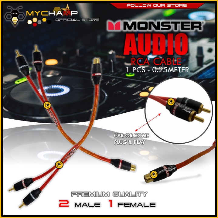 RCA AUDIO CABLE Y ADAPTER SPLITTER 1FEMALE2MALE MONSTER/RED Shopee