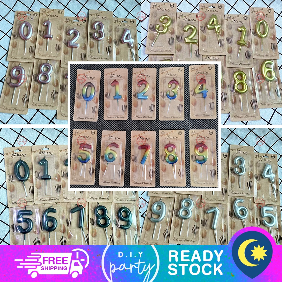 Number Candle Lilin Wedding Birthday Cake Cup Topper Metallic Black Rose Gold Silver Pink Blue Stick Rainbow Gradient