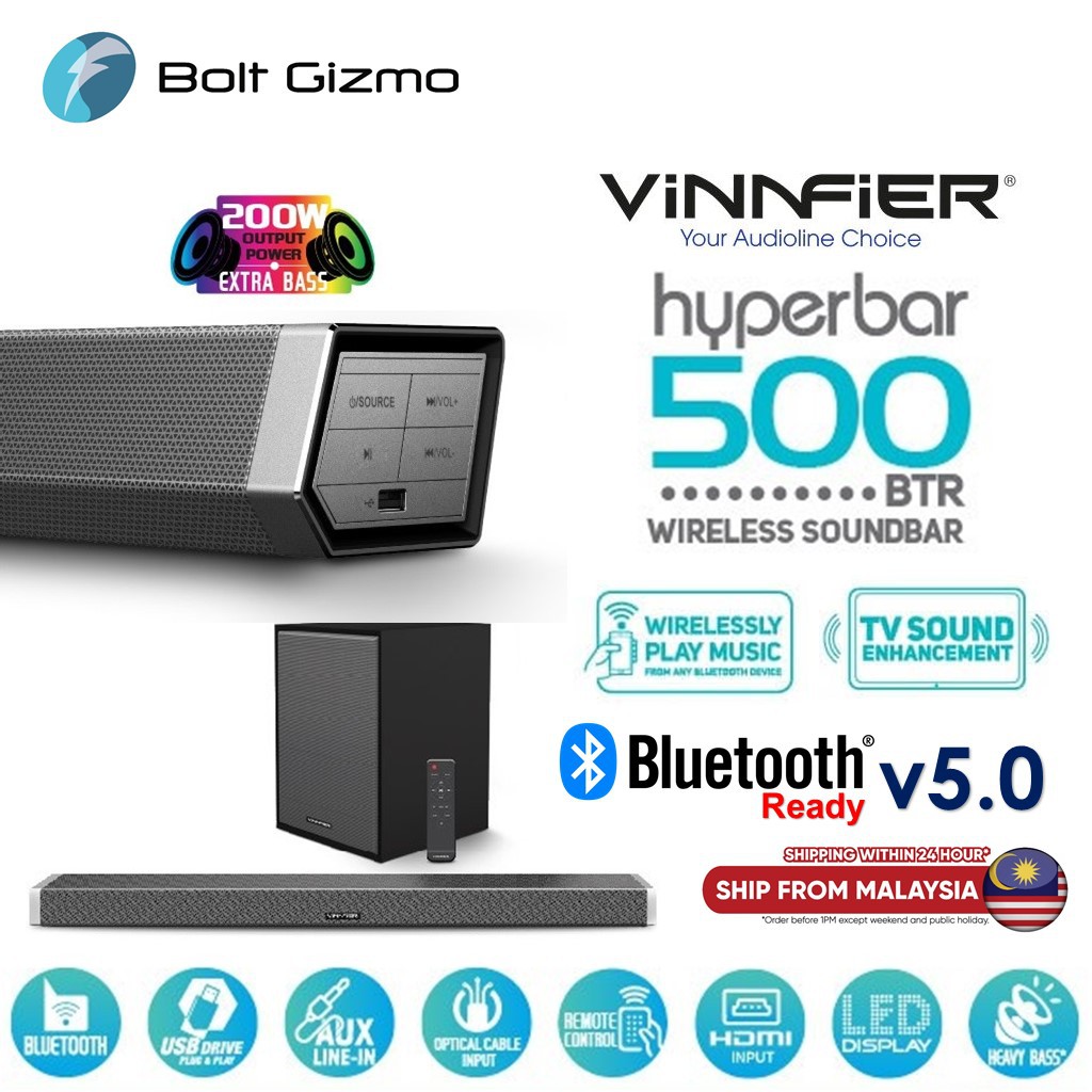 Vinnfier Hyperbar 500btr Wireless Bluetooth Soundbar Subwoofer Aux Hdmi Optical Input Usb Drive Fm Sound Bar Speaker Shopee Malaysia