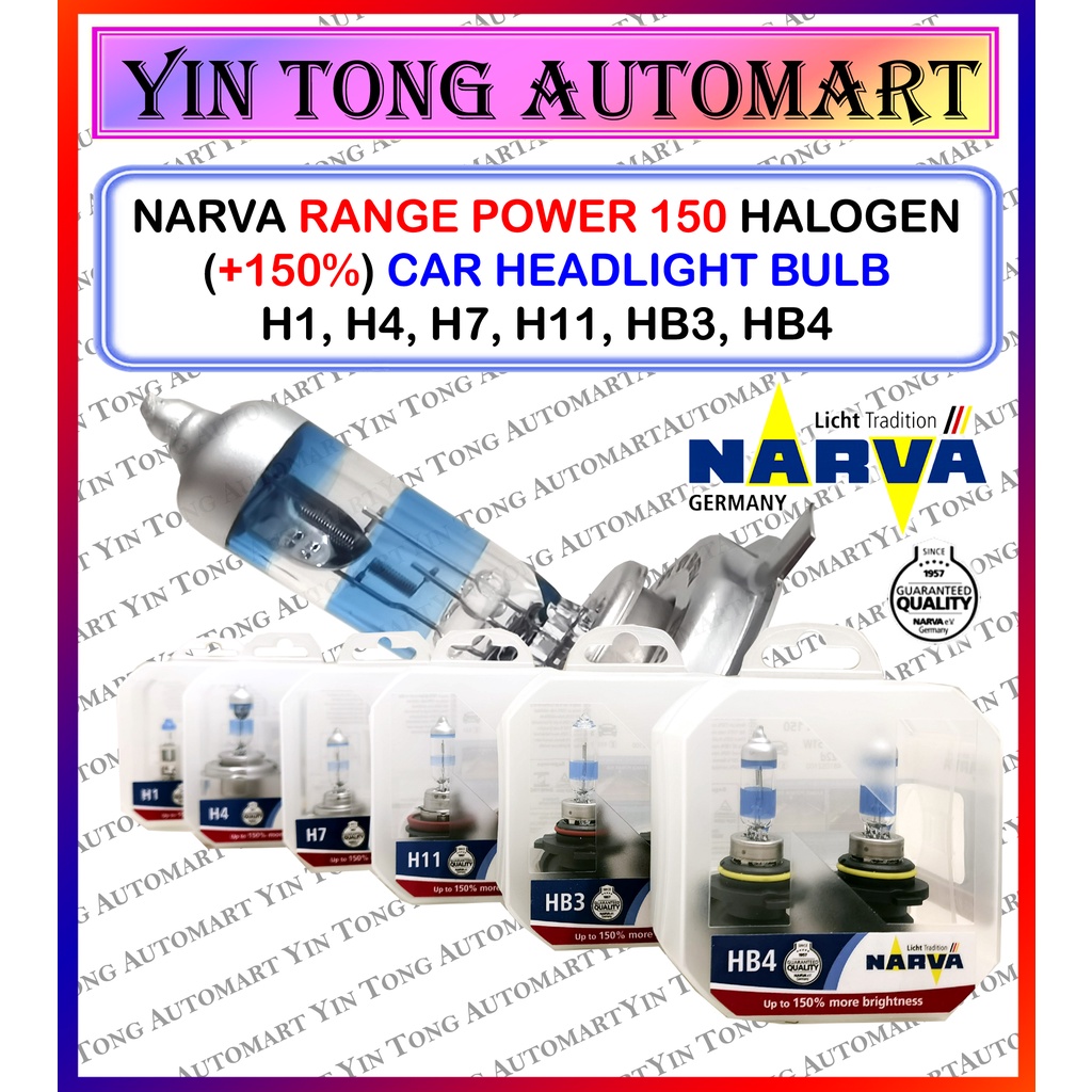 NARVA Range Power 150 Halogen (+150%) /Range Power 200 (+200%) Car Headlight Bulb H1, H4, H7, H11, HB3, HB4 (1SET 2 PCS)