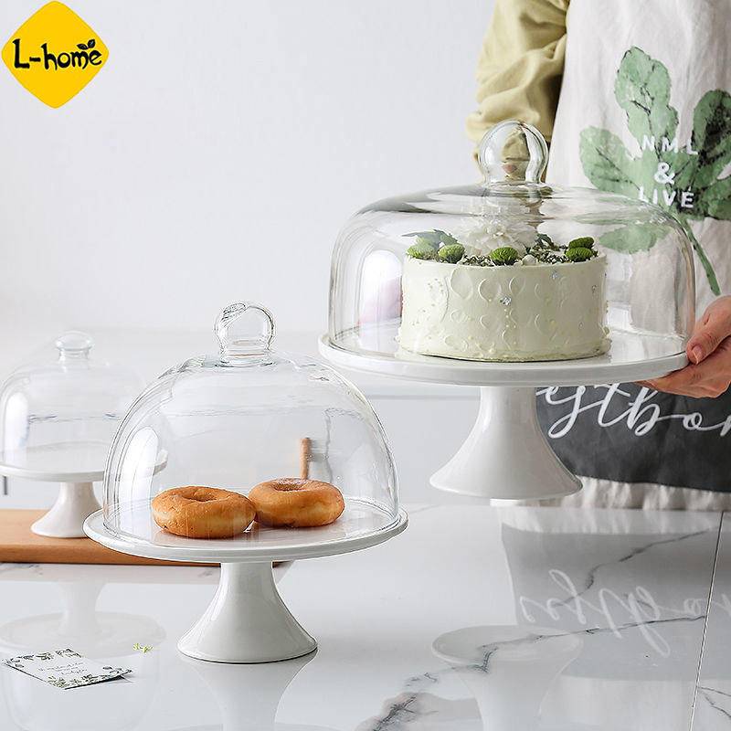 Ceramic Cake Stand with Glass Cover Tall Birthday Wedding Cake Display