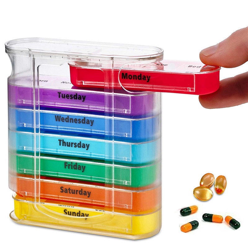 Portable Weekly 7 Days Pill Box/Colorful Design Stackable 4 Times a Day Medicine Storage Dispenser/Plastic Pill Organizer Boxs