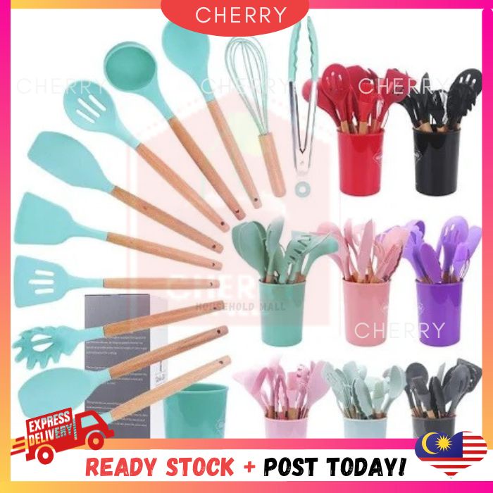 CHERRY12pcs Cooking Tools Kitchen Cookware Set Silicone Utensil Spatula Utensils penyeduk masak Senduk viral